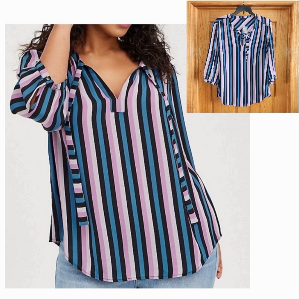 Torrid Womens Georgette Bow Tie Blouse Size 3 Striped Purple Blue Black Top NWT